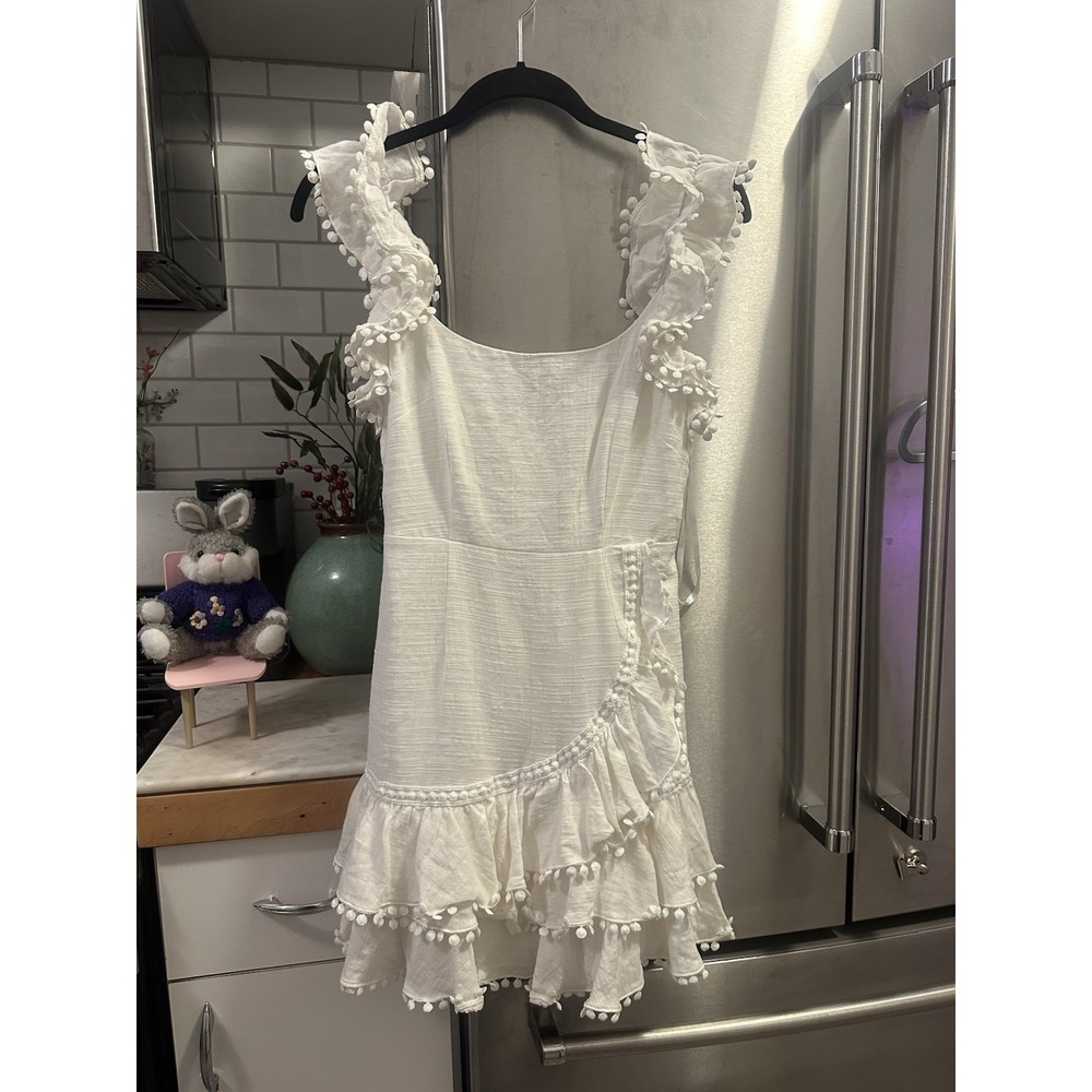 Selfie Leslie White Pom-Pom Ruffle Mini Dress